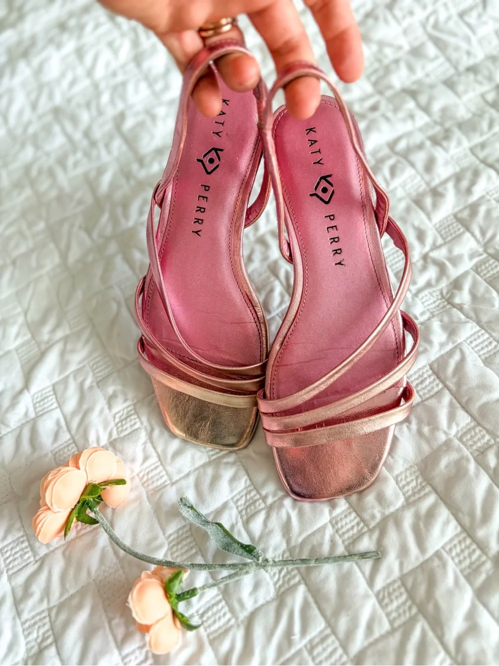 Katy Perry Metallic Pink Strappy Slingback Sandals Square Toe Size 7